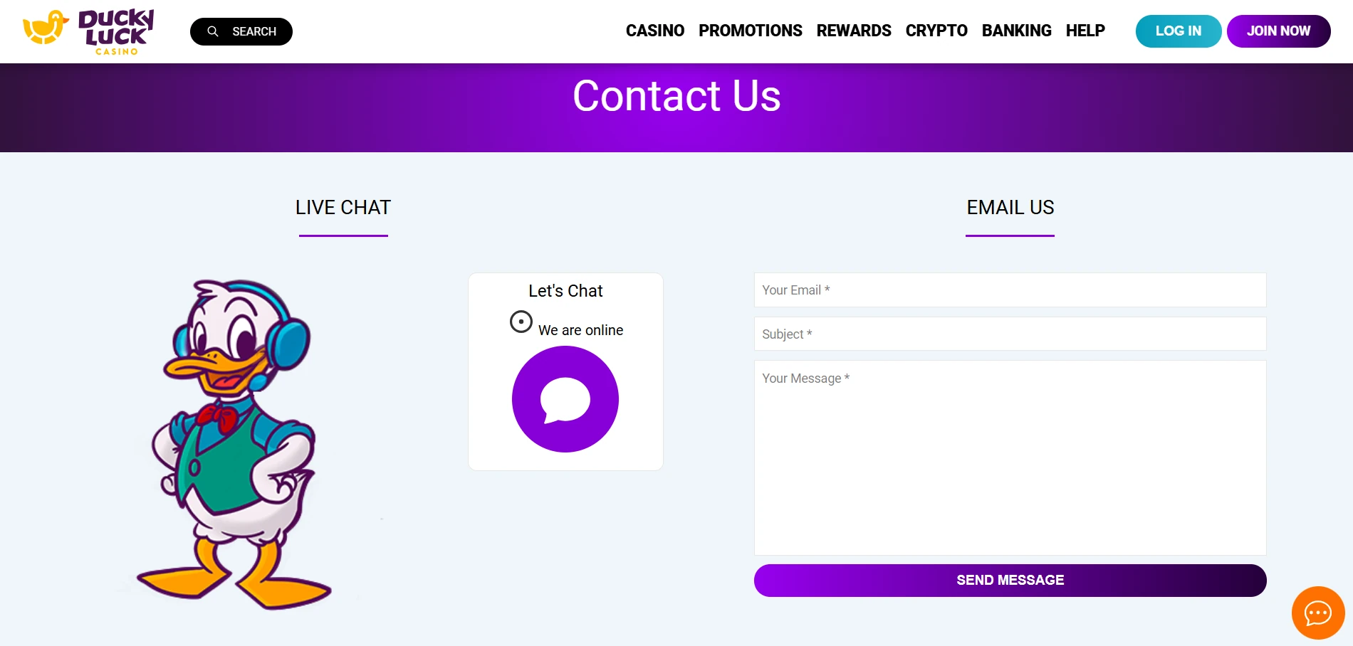 DuckyLuck help page with live chat