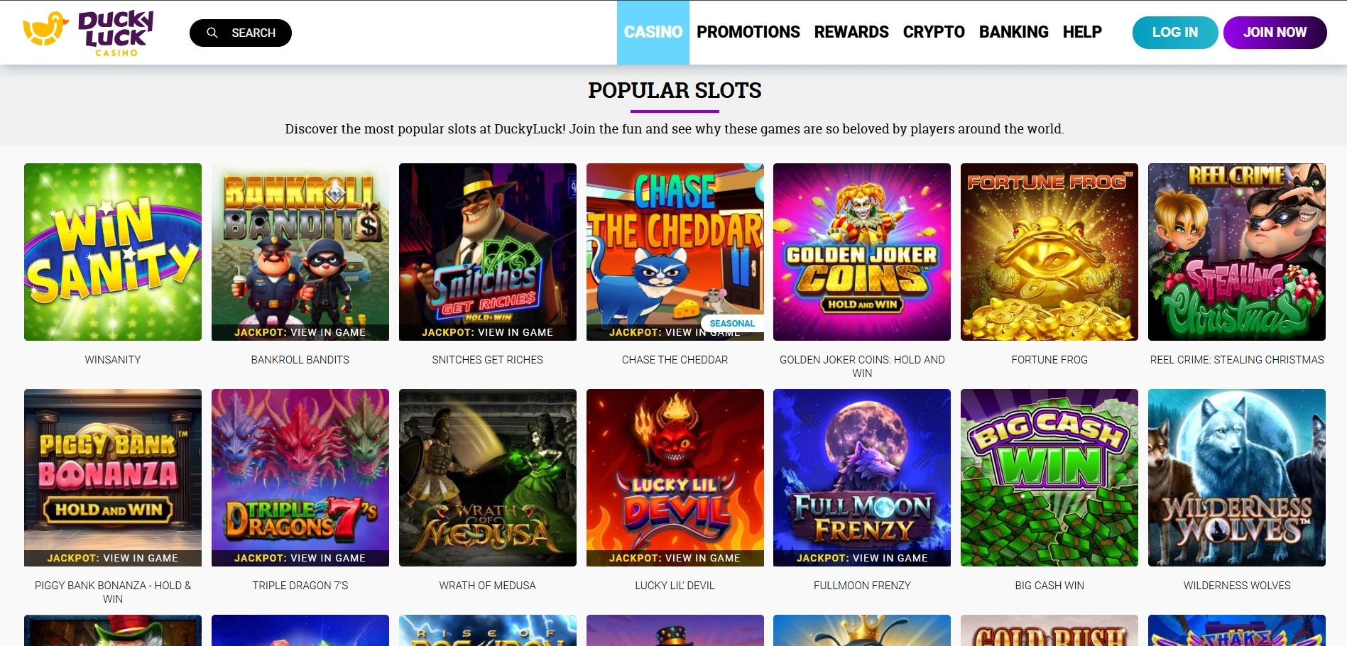 DuckyLuck game lobby with pokie thumbnails