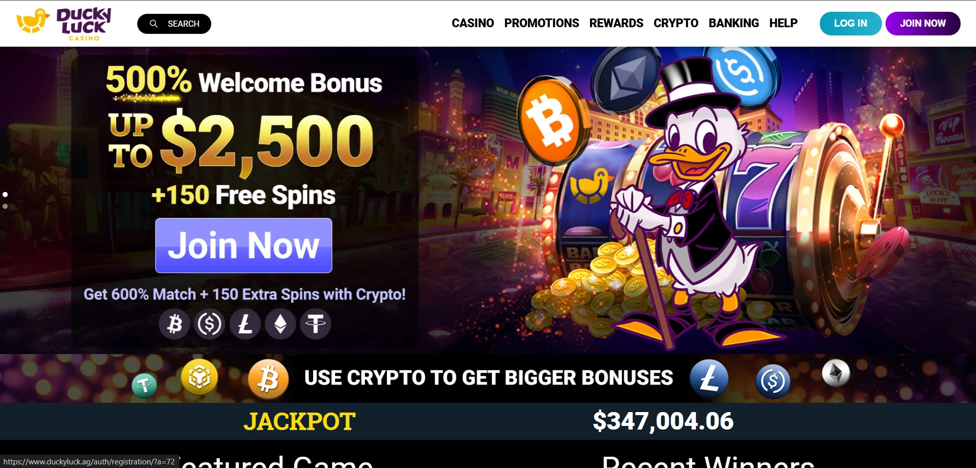DuckyLuck homepage in a desktop browser